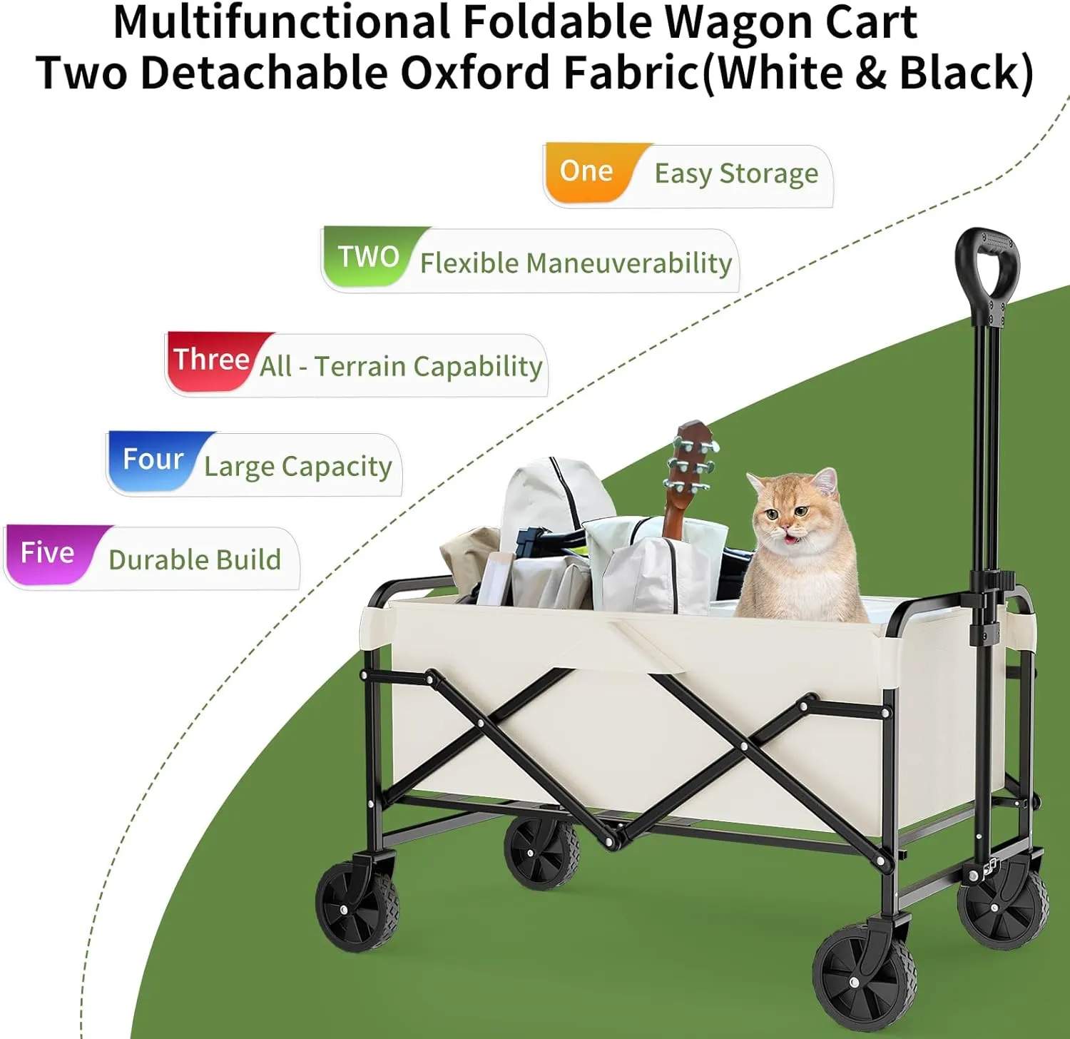 Collapsible Wagon Cart with 5" Removable 360° Swivel Wheels & Adjustable Handle, 220lbs Load Capacity, Dual Detachable Oxford Covers (White Black)， MDF Base, All-Terrain Portable Utility Cart