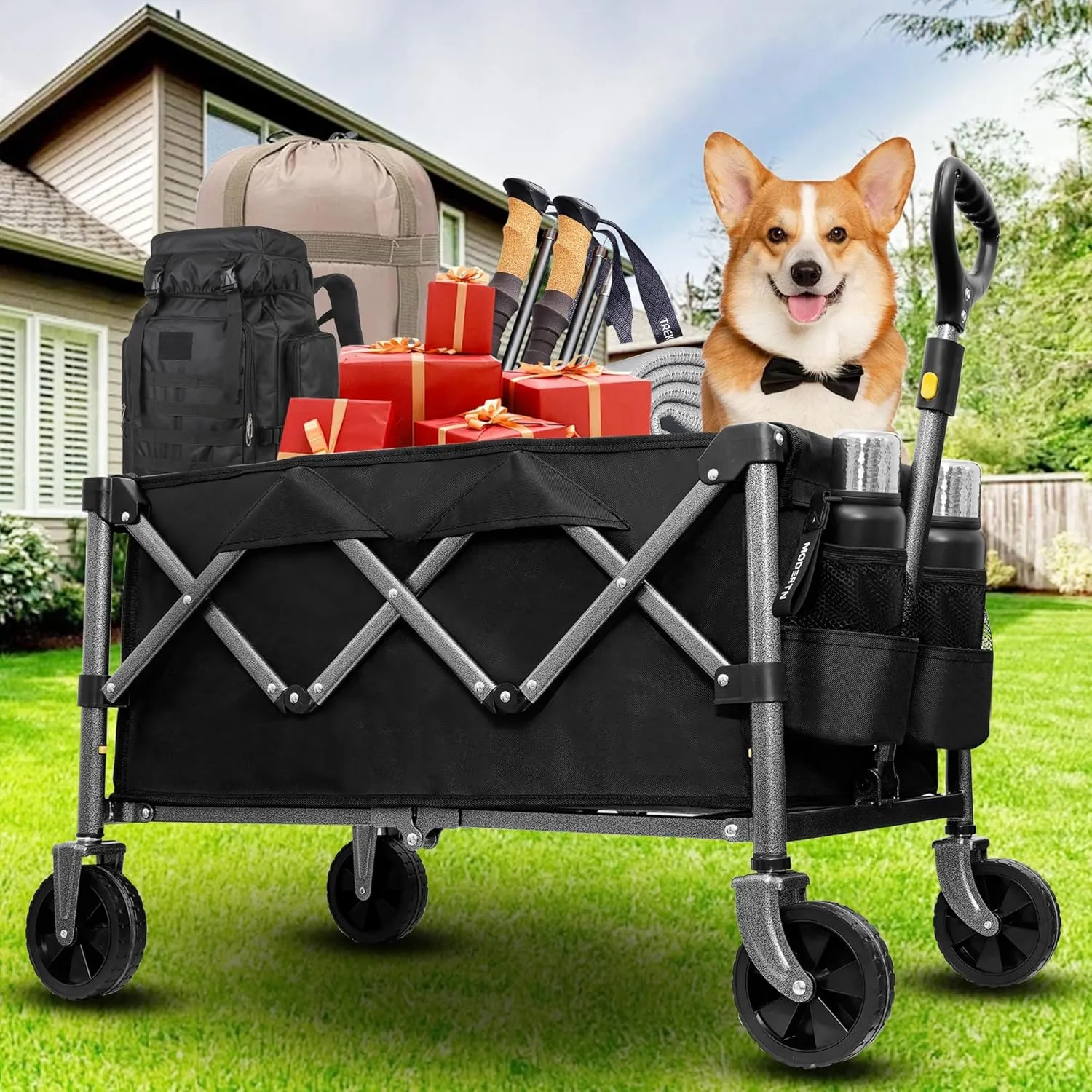 Collapsible Wagon Cart with Wheels Foldable，220lbs Weight Capacity,85L Shopping Cart for Groceries Folding Utility Wagon for Beach, Garden, Camping, Sport, Black