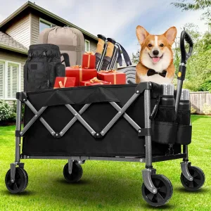 Collapsible Wagon Cart with Wheels Foldable，220lbs Weight Capacity,85L Shopping Cart for Groceries Folding Utility Wagon for Beach, Garden, Camping, Sport, Black