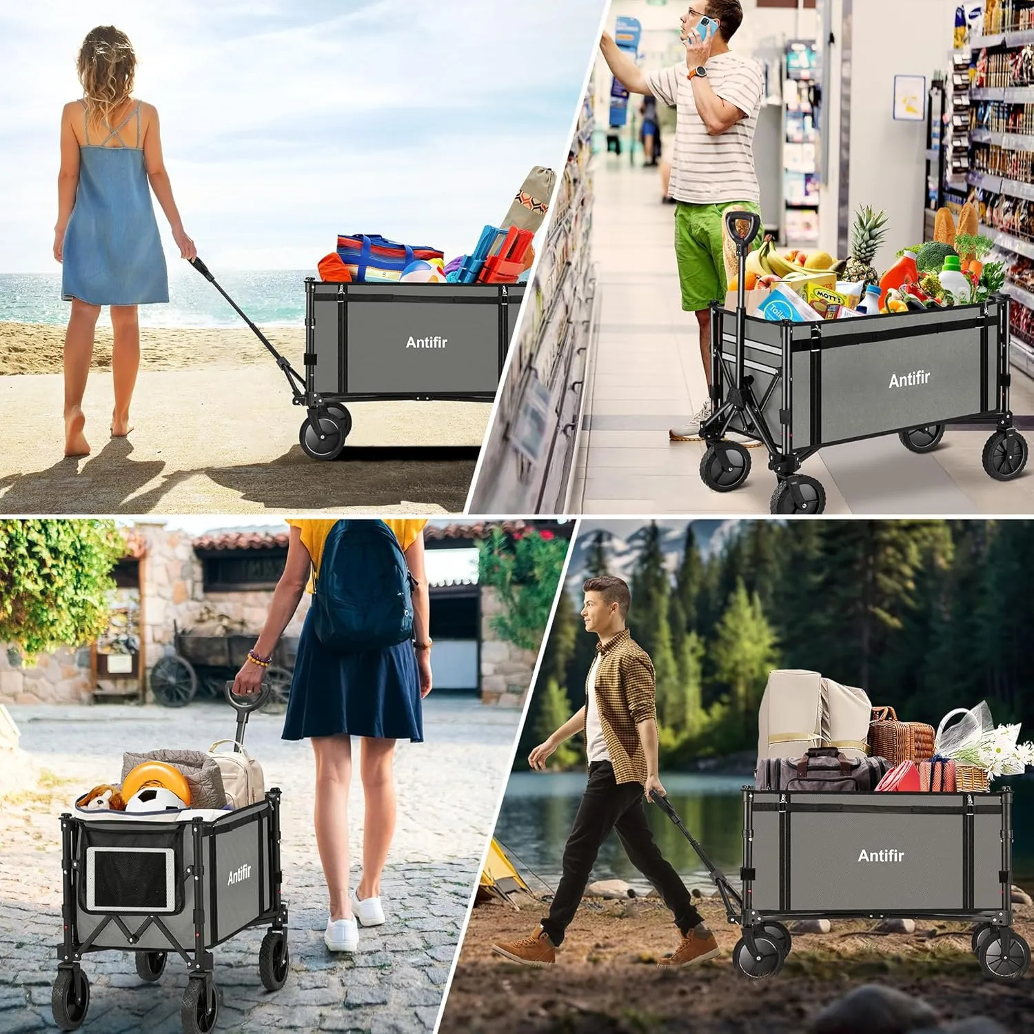 Collapsible Wagon Carts,Folding Wagon Cart with All Terrain Wheels,Heavy Duty Garden Carts with Adjustable Handle,Outdoor Utility Wagon for Camping Shopping Sports Fishing (Gray)