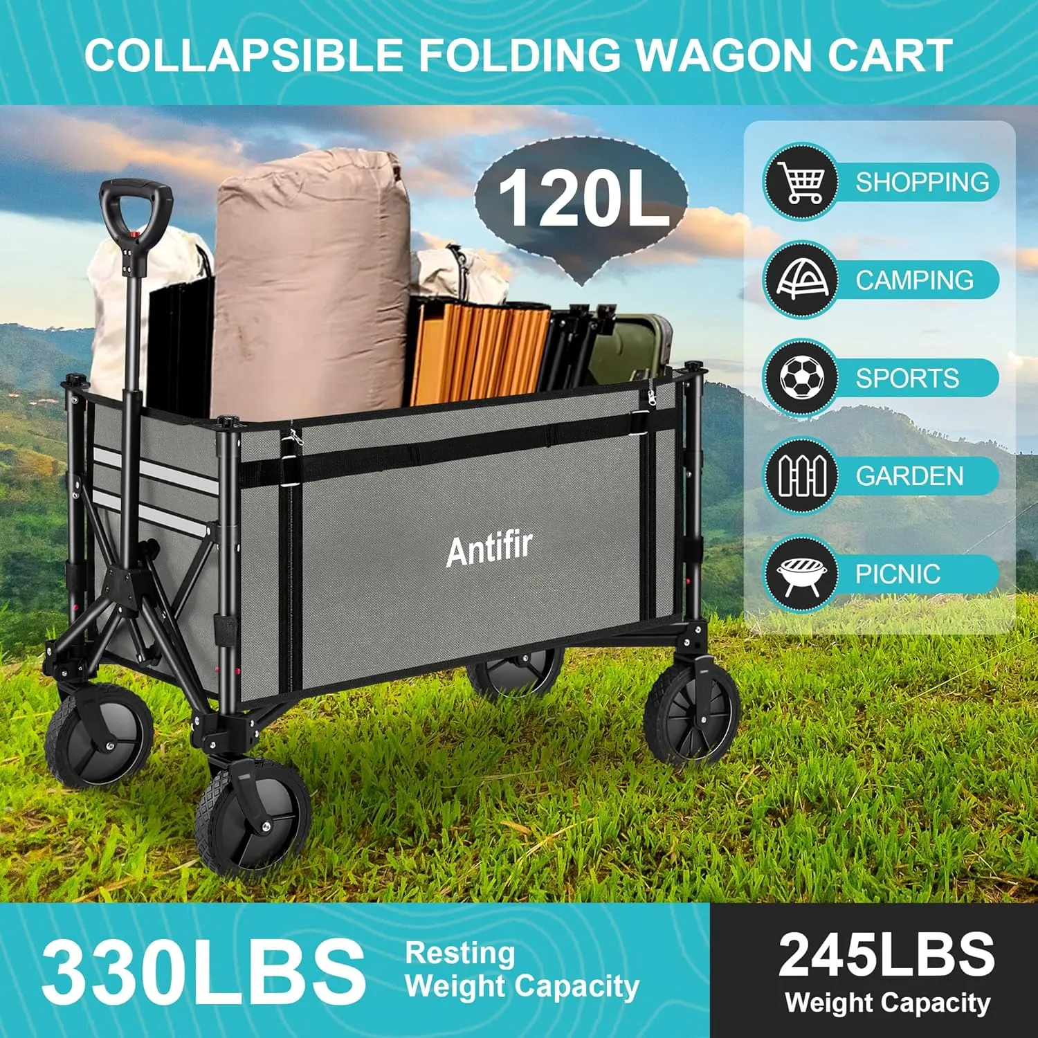 Collapsible Wagon Carts,Folding Wagon Cart with All Terrain Wheels,Heavy Duty Garden Carts with Adjustable Handle,Outdoor Utility Wagon for Camping Shopping Sports Fishing (Gray)