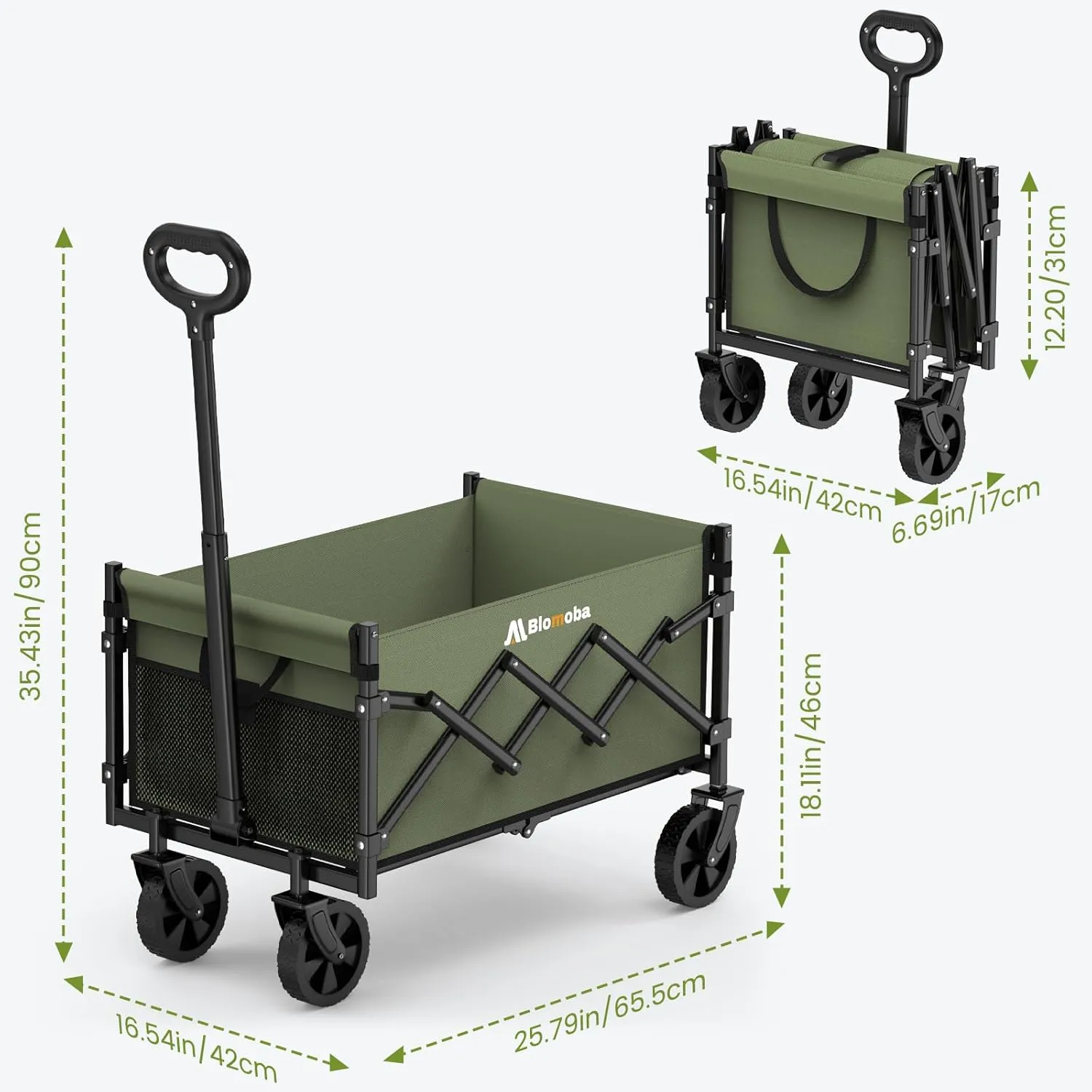 Collapsible Wagon with Wheels, 220 lbs Wagons Carts Foldable Wagon Cart with Flexible Handle, Lightweight Portable Folding Utility Grocery Shopping Cart for Grocery Sports Garden Camping, Green