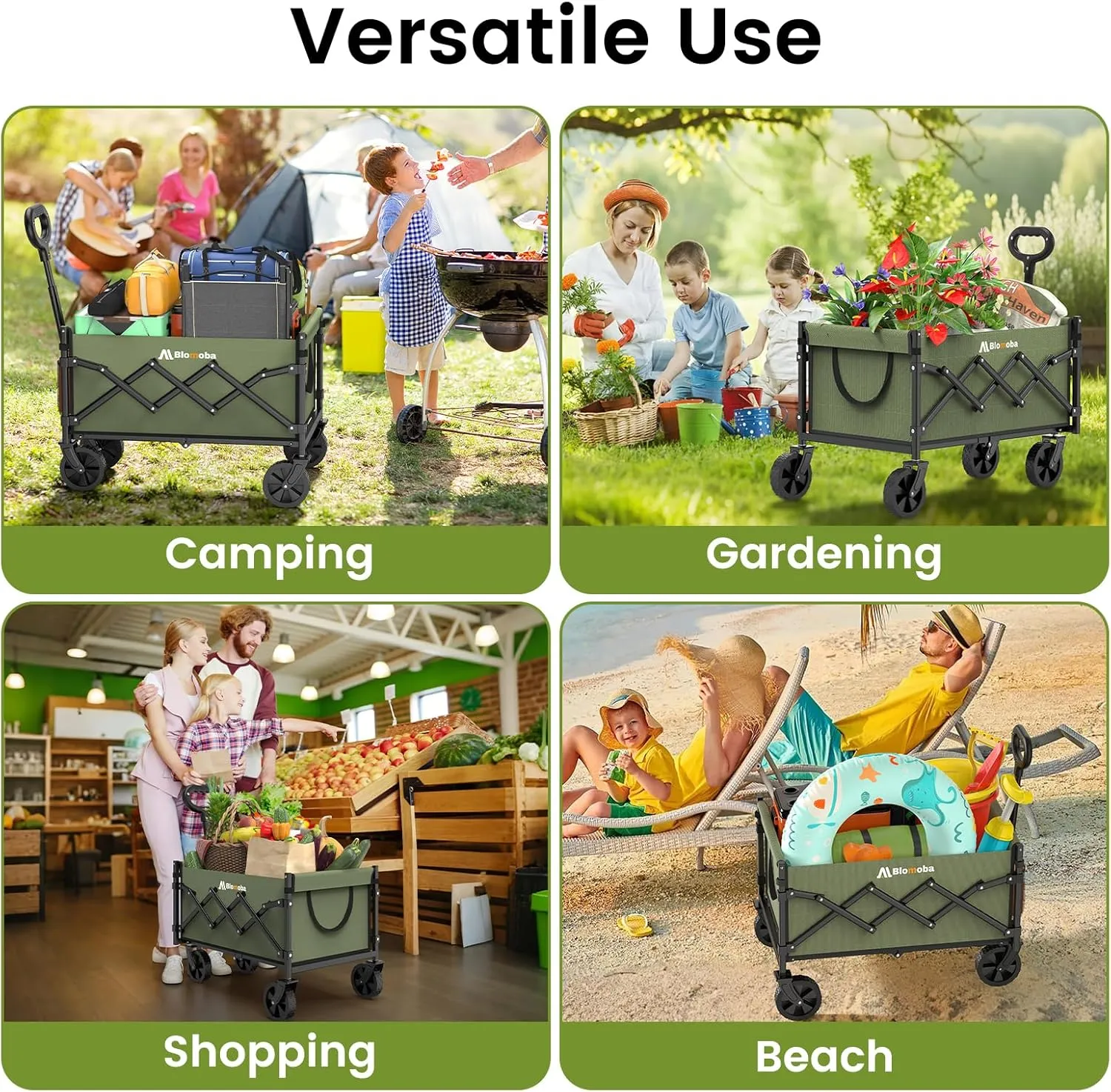 Collapsible Wagon with Wheels, 220 lbs Wagons Carts Foldable Wagon Cart with Flexible Handle, Lightweight Portable Folding Utility Grocery Shopping Cart for Grocery Sports Garden Camping, Green