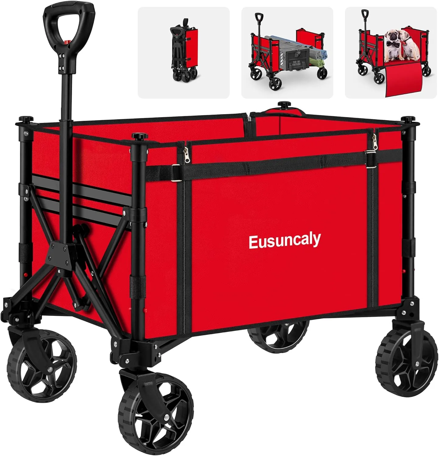 Collapsible Wagon with Wheels, Wagons Carts Foldable, Heavy Duty Folding Utility Cart for Grocery, Camping, Shopping, Sports, Garden, Fishing, Red