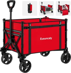 Collapsible Wagon with Wheels, Wagons Carts Foldable, Heavy Duty Folding Utility Cart for Grocery, Camping, Shopping, Sports, Garden, Fishing, Red