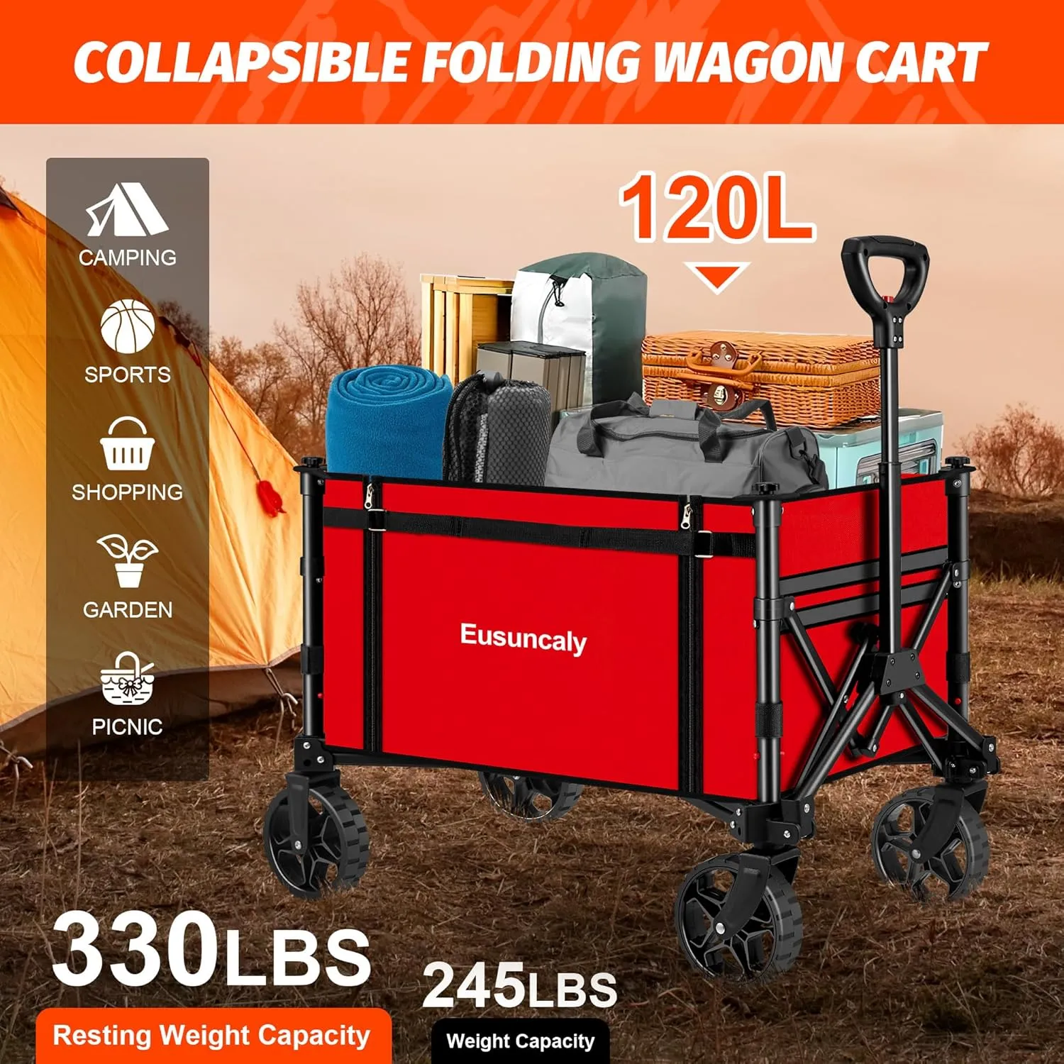 Collapsible Wagon with Wheels, Wagons Carts Foldable, Heavy Duty Folding Utility Cart for Grocery, Camping, Shopping, Sports, Garden, Fishing, Red