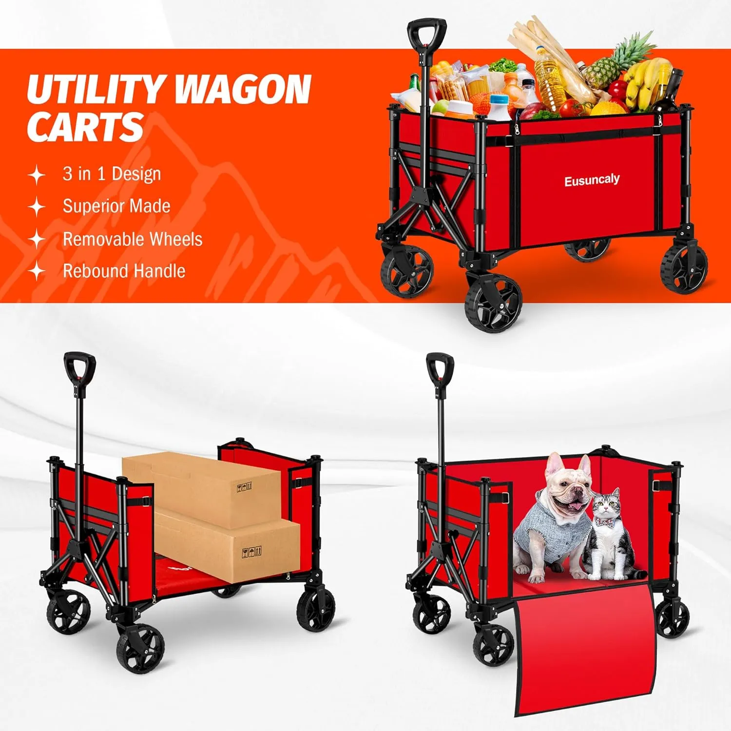 Collapsible Wagon with Wheels, Wagons Carts Foldable, Heavy Duty Folding Utility Cart for Grocery, Camping, Shopping, Sports, Garden, Fishing, Red