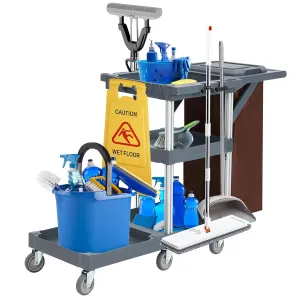 Commercial Traditional Janitorial 3-Shelf Cleaning Cart, Janitorial Carts on Wheels with Cover and Vinyl Bag, Custodial Cart, Housekeeping Carts for Hotels, Stores, Schools, and Business