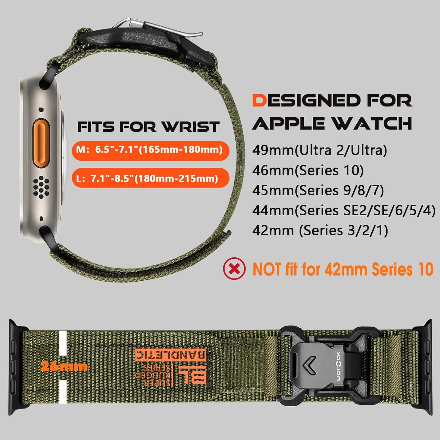 Compatible with Apple Watch Ultra 2 Band - for Men, Rugged Nylon Sport Loop with Magnetic Fidlock V-Buckle for iWatch 49mm(Ultra),46mm(Series 10),45mm(9/8/7),44mm(SE2/SE/6/5/4),42mm(3/2/1)