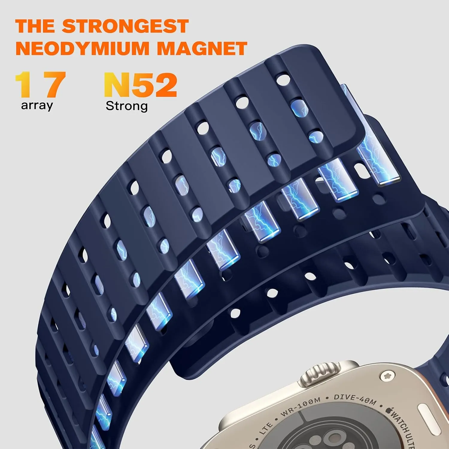 Compatible with Apple Watch Ultra/Ultra 2 Band 49mm/46mm/45mm/44mm/42mm(3/2/1) Men Women, Rugged Magnetic Silicone Sport Watchband for iWatch SE2/SE/10/9/8/7/6/5/4