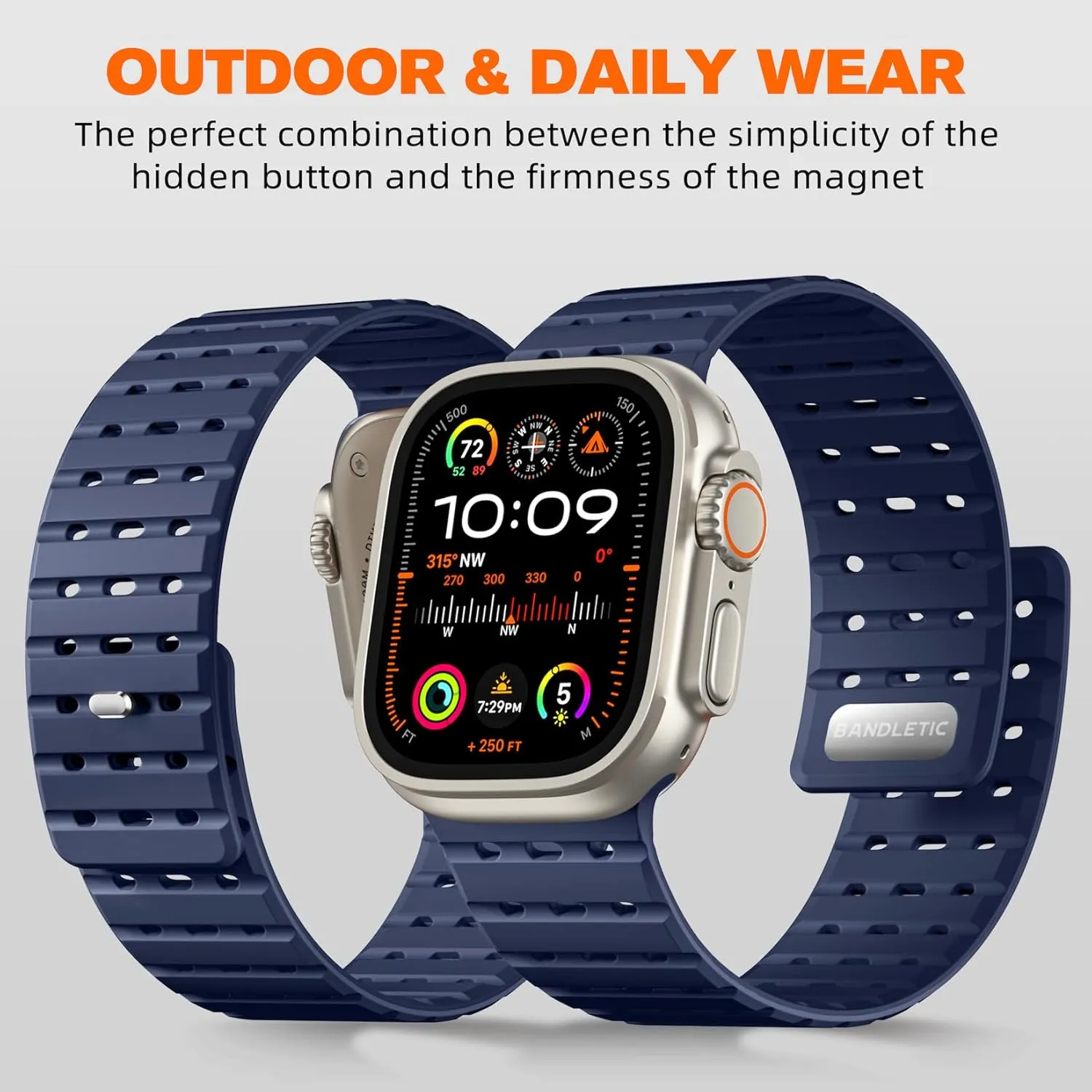 Compatible with Apple Watch Ultra/Ultra 2 Band 49mm/46mm/45mm/44mm/42mm(3/2/1) Men Women, Rugged Magnetic Silicone Sport Watchband for iWatch SE2/SE/10/9/8/7/6/5/4