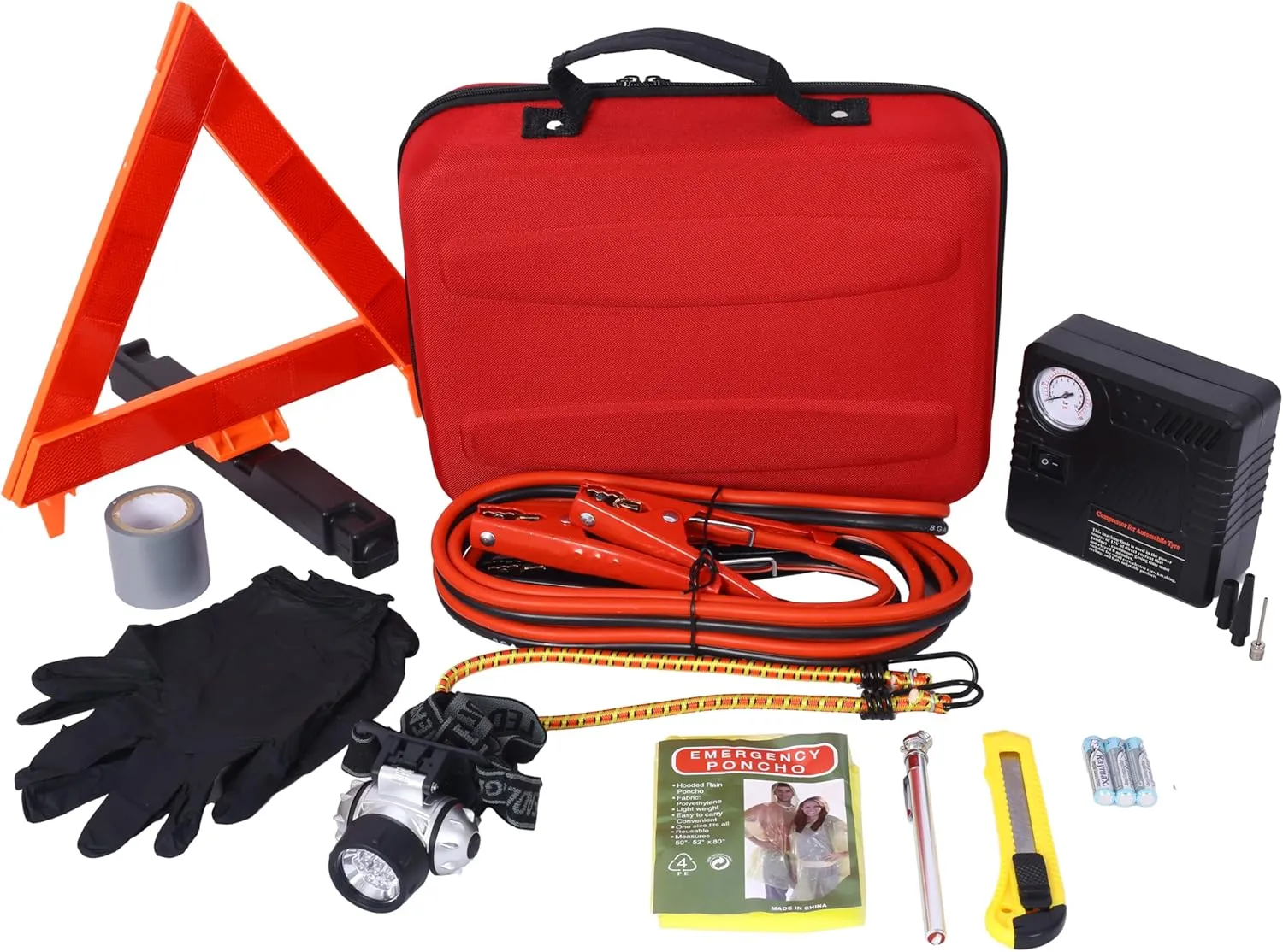 Comprehensive Emergency Car Safety Kit for Peace of Mind, Includes Portable Air Compressor and Essential Tools