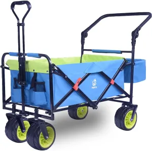 COOKCOK Collapsible Folding Wagon Cart, Heavy Duty Utility Wagon with Removable Rear Bag & Adjustable Push Pull Handle, All Terrain Beach Wagon with Big Wheel for Sand, Blue