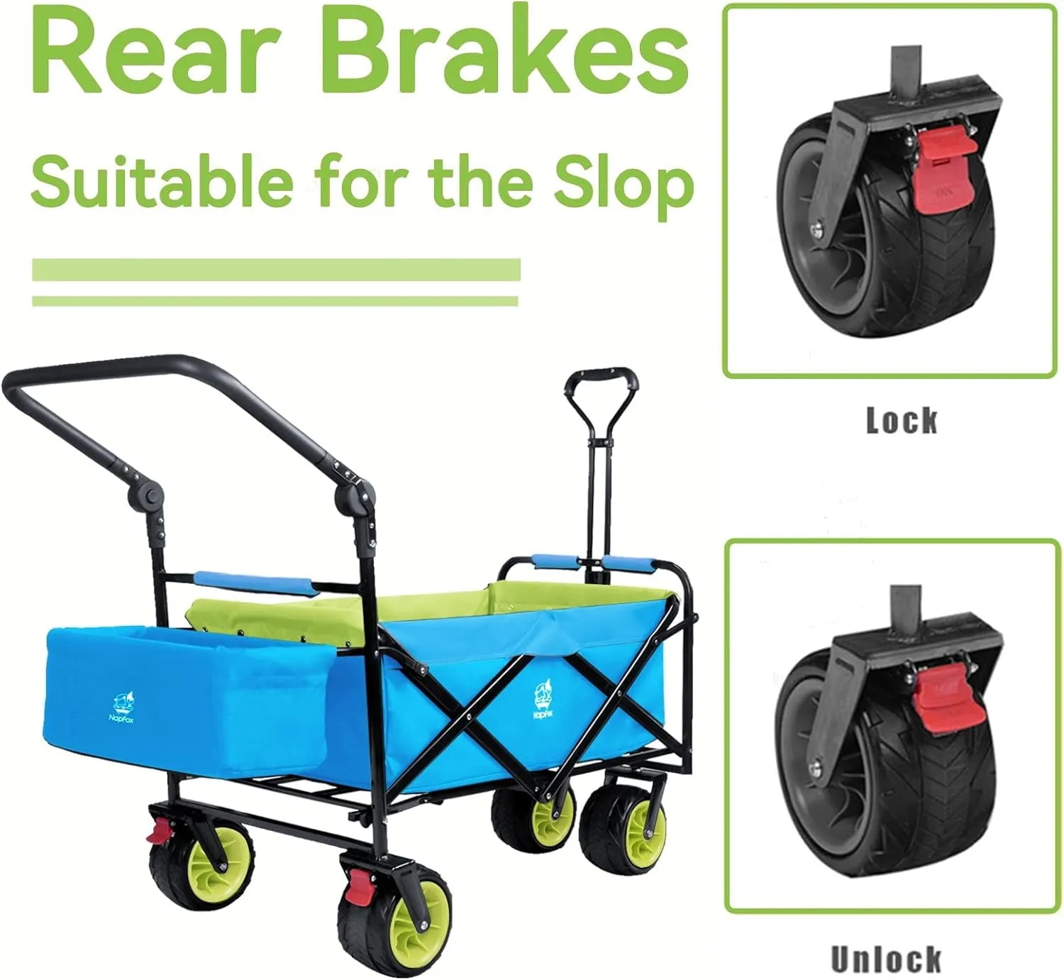 COOKCOK Collapsible Folding Wagon Cart, Heavy Duty Utility Wagon with Removable Rear Bag & Adjustable Push Pull Handle, All Terrain Beach Wagon with Big Wheel for Sand, Blue