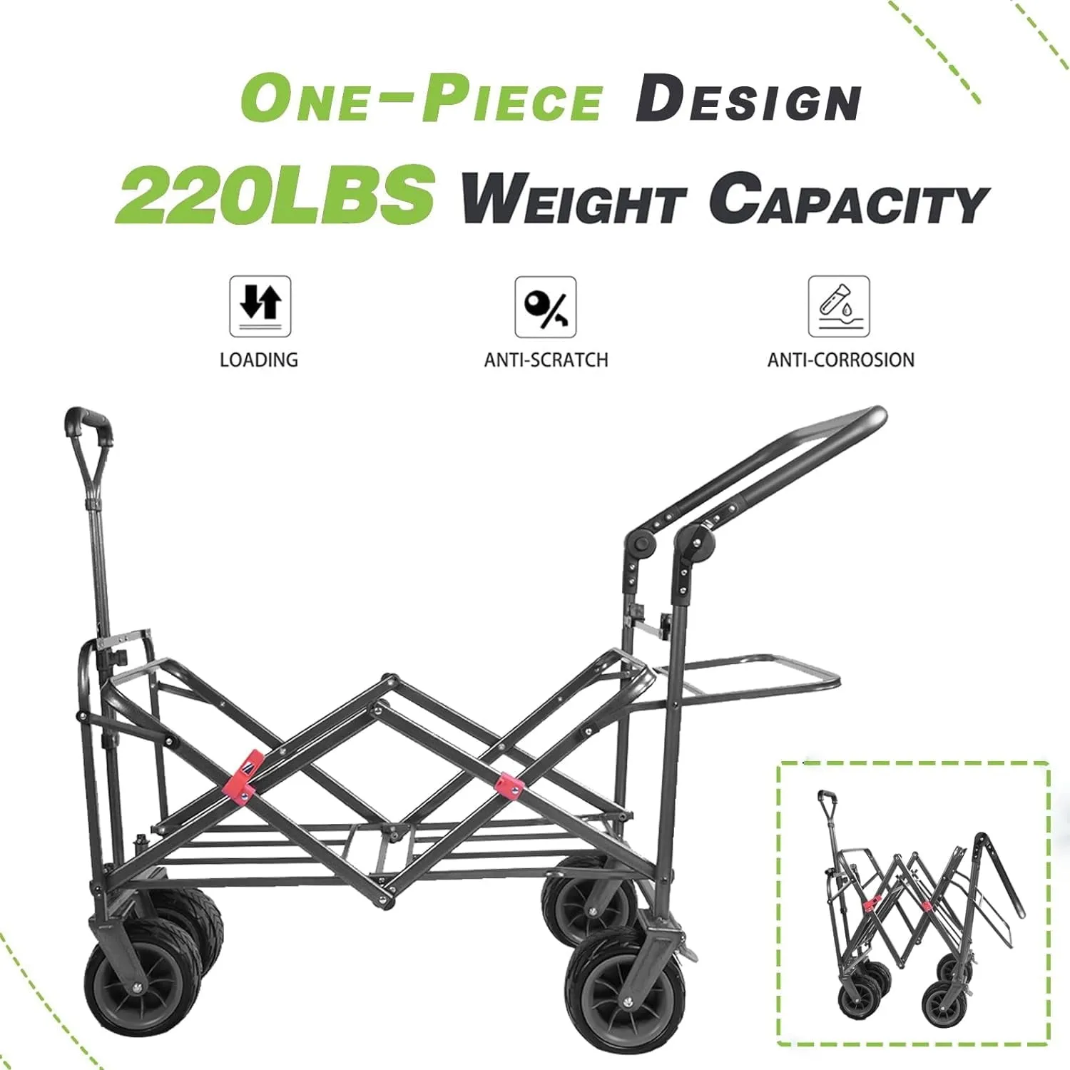 COOKCOK Collapsible Folding Wagon Cart, Heavy Duty Utility Wagon with Removable Rear Bag & Adjustable Push Pull Handle, All Terrain Beach Wagon with Big Wheel for Sand, Blue