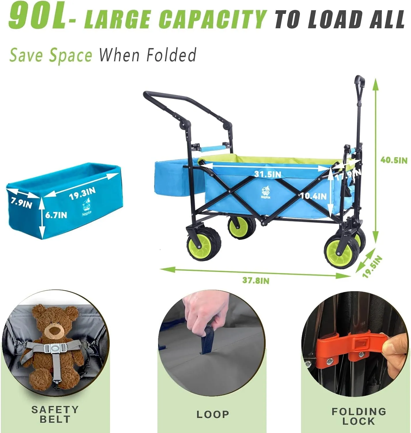 COOKCOK Collapsible Folding Wagon Cart, Heavy Duty Utility Wagon with Removable Rear Bag & Adjustable Push Pull Handle, All Terrain Beach Wagon with Big Wheel for Sand, Blue