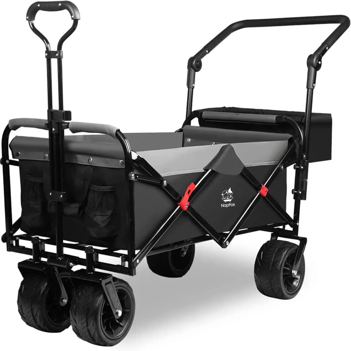 COOKCOK Collapsible Folding Wagon Cart, Heavy Duty Utility Wagon with Removable Rear Bag & Adjustable Push Pull Handle, All Terrain Beach Wagon with Big Wheel for Sand, Blue
