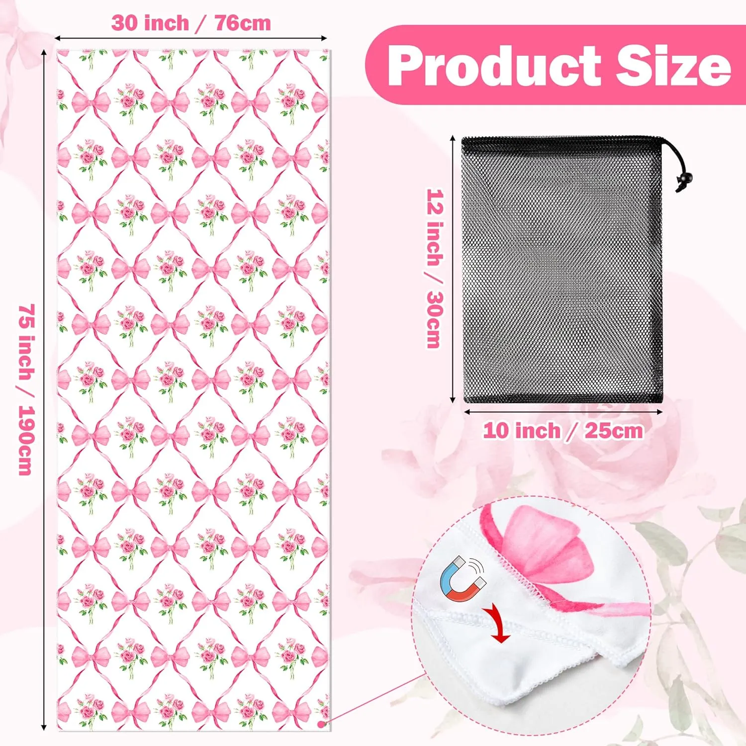 Coquette Pink Bow Rose Magnetic Beach Towel - 74.8"x30" Sand Free Quick Dry Microfiber Towel with Built-in Magnets Lightweight for Beach Chair Car Door Pool Travel Yoga with Storage Bag