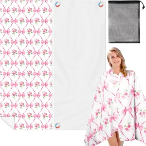 Coquette Pink Bow Rose Magnetic Beach Towel - 74.8"x30" Sand Free Quick Dry Microfiber Towel with Built-in Magnets Lightweight for Beach Chair Car Door Pool Travel Yoga with Storage Bag