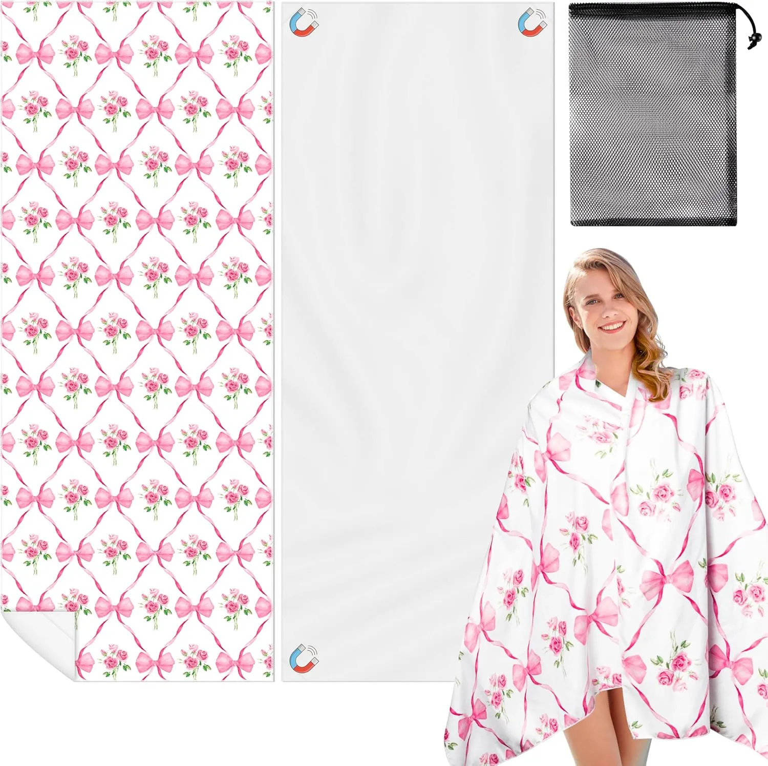 Coquette Pink Bow Rose Magnetic Beach Towel - 74.8"x30" Sand Free Quick Dry Microfiber Towel with Built-in Magnets Lightweight for Beach Chair Car Door Pool Travel Yoga with Storage Bag
