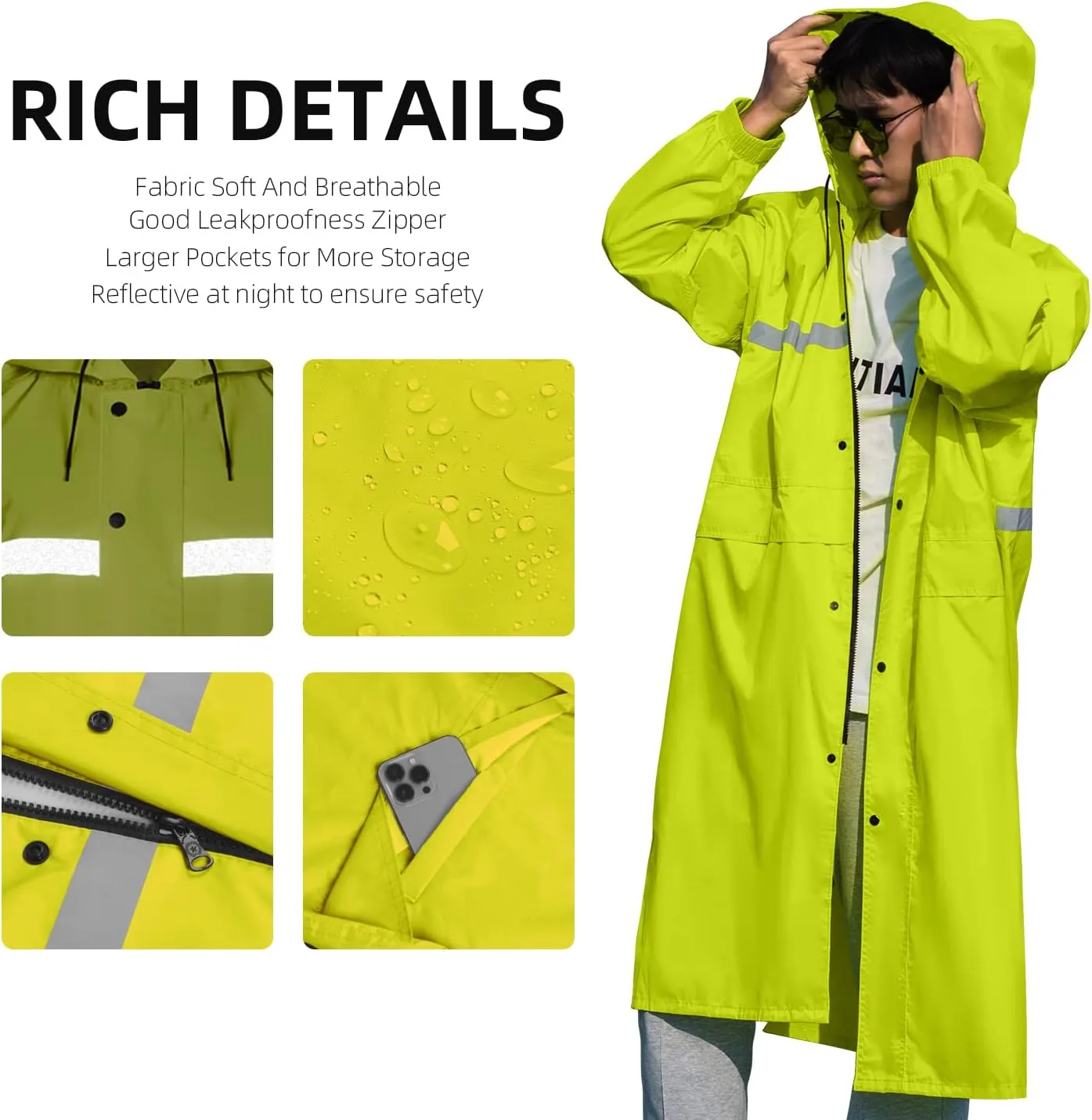 Coralrain Long Hooded Raincoat Safety Waterproof Emergency Rain Jacket Poncho for Men Women Adults
