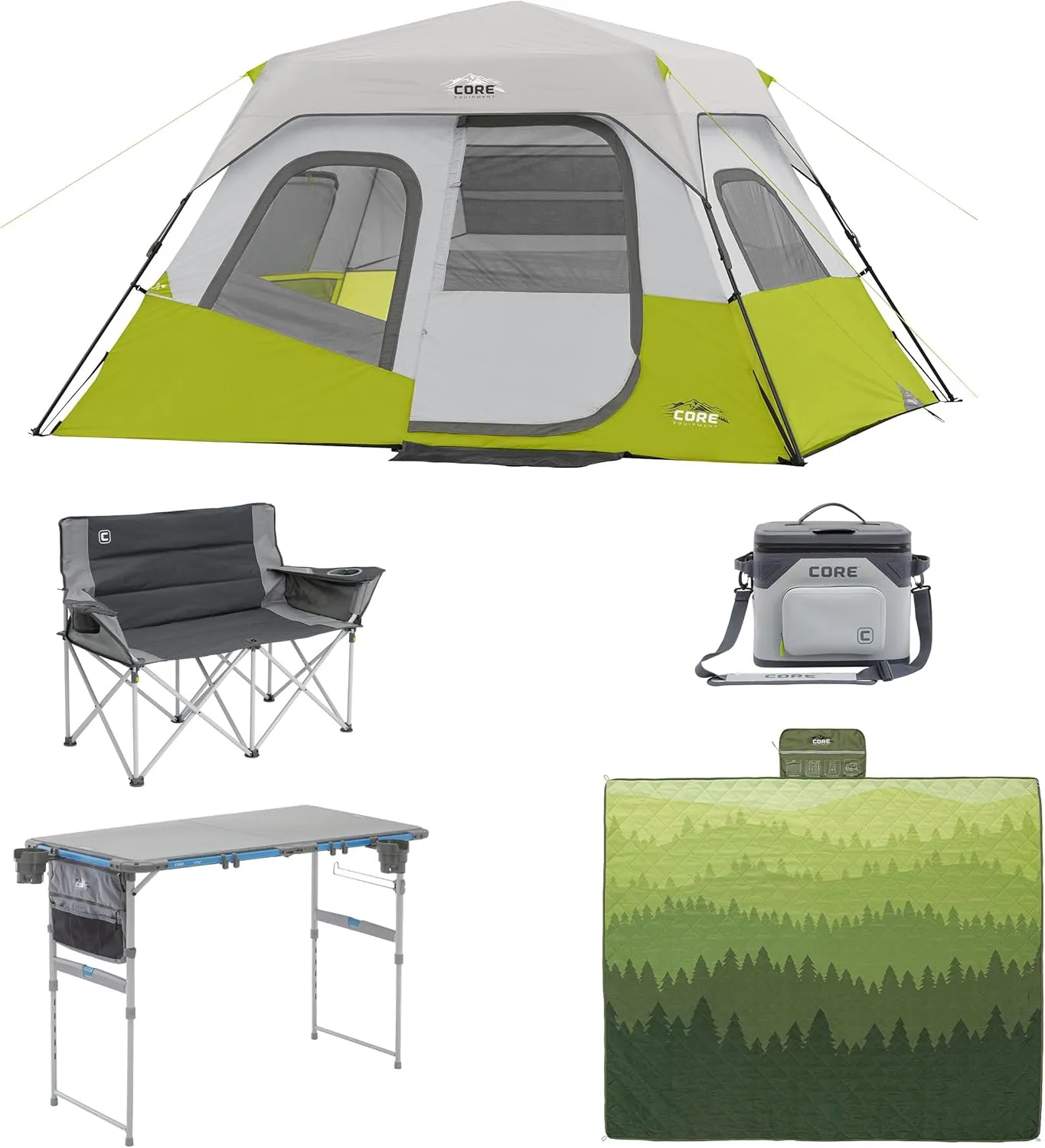 CORE 6 Person Instant Cabin Tent Bundle with Camp Table, Loveseat, Blanket, and Cooler
