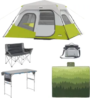 CORE 6 Person Instant Cabin Tent Bundle with Camp Table, Loveseat, Blanket, and Cooler