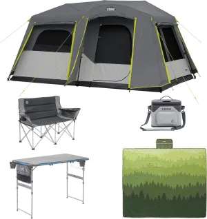 CORE 9 Person Instant Cabin Tent with Full Rainfly Bundle with Camp Table, Loveseat, Blanket, and Cooler