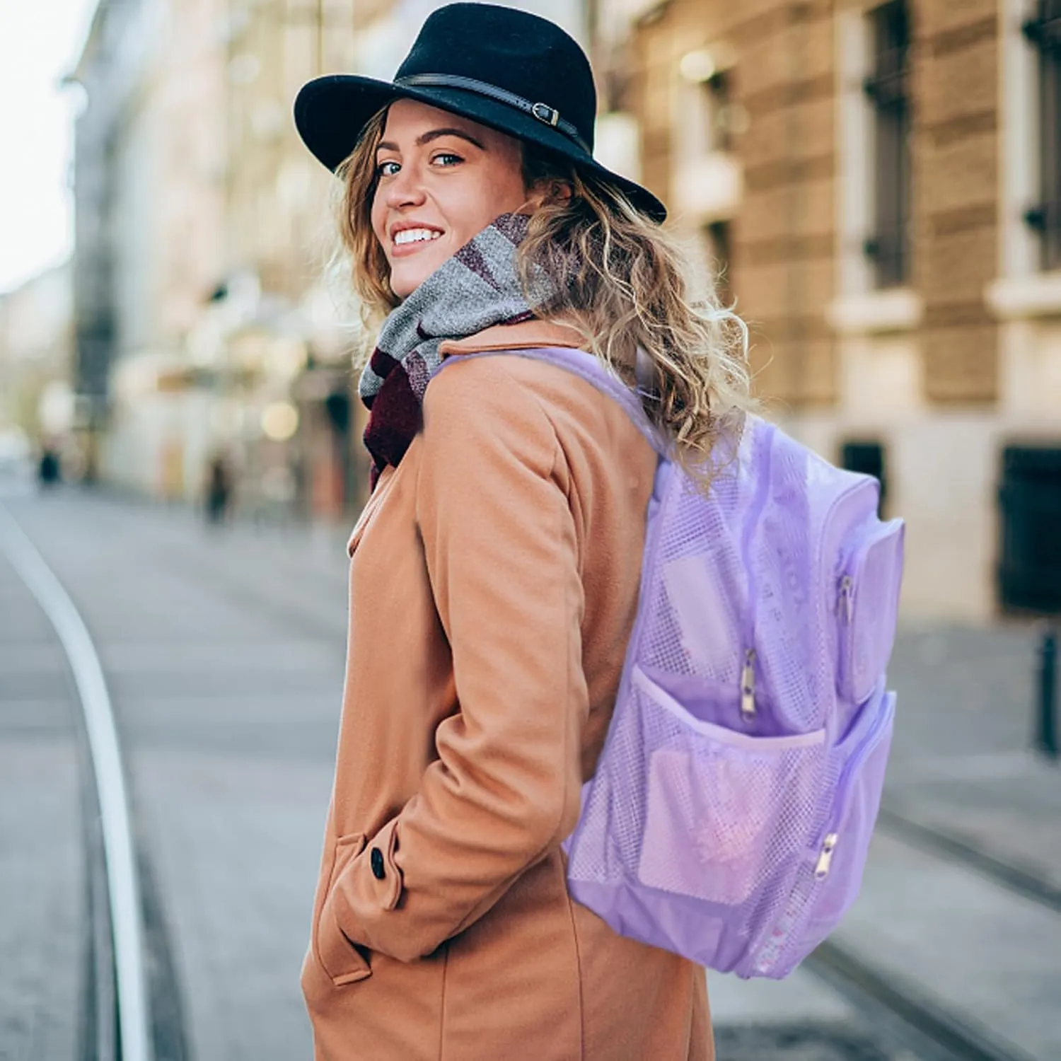 COVAX Large Mesh Backpack, Semi-transparent College Backpack, See Through Mesh Bookbag with Comfort Padded Straps for Travel, Swimming, Beach, Outdoor Sports (Purple)