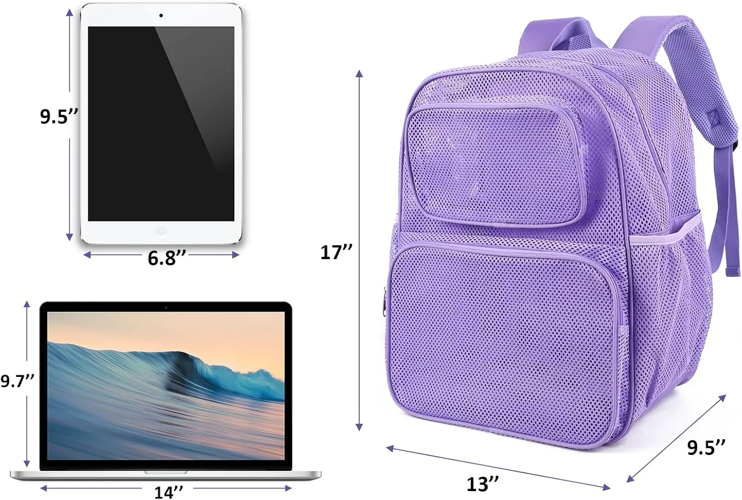 COVAX Large Mesh Backpack, Semi-transparent College Backpack, See Through Mesh Bookbag with Comfort Padded Straps for Travel, Swimming, Beach, Outdoor Sports (Purple)
