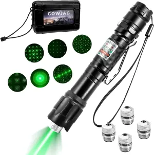 Cowjag Green Laser Pointer Flashlight, High Power, Long Range, Rechargeable, Waterproof, Single Push On/Off, with Carrying Case