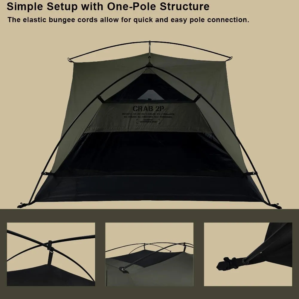 Crab 2 Person Double Layer Black Canvas Cotton Tent, Portable Breathable Easy Set Up Backpacking Tent