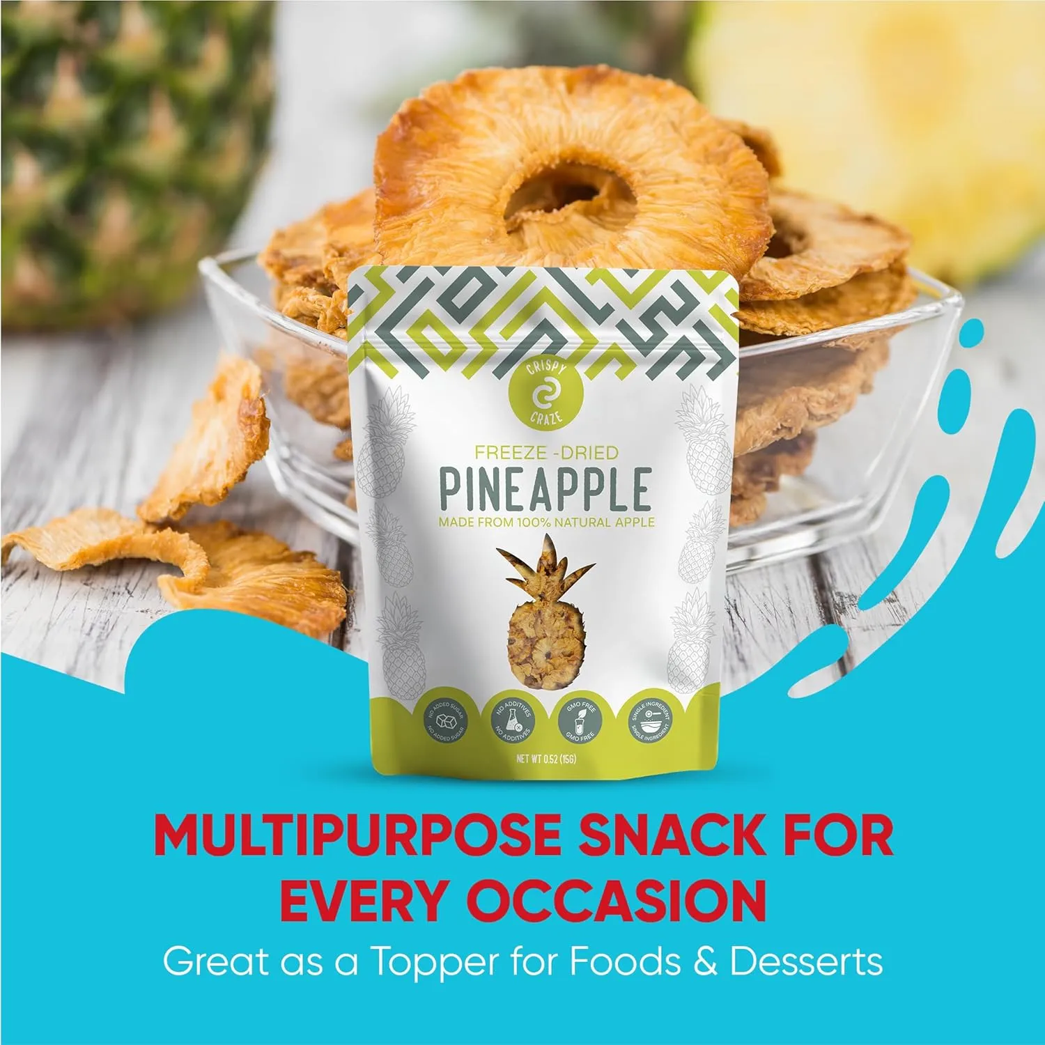Crispy Craze Freeze Dried Pineapple (12 Snack Sized Bags, 0.52 oz Each), Pineapple Fruit Crisps, Non GMO, Healthy Snack, No Added Sugar & Additives, 100% Natural, Allergen Free, School Safe