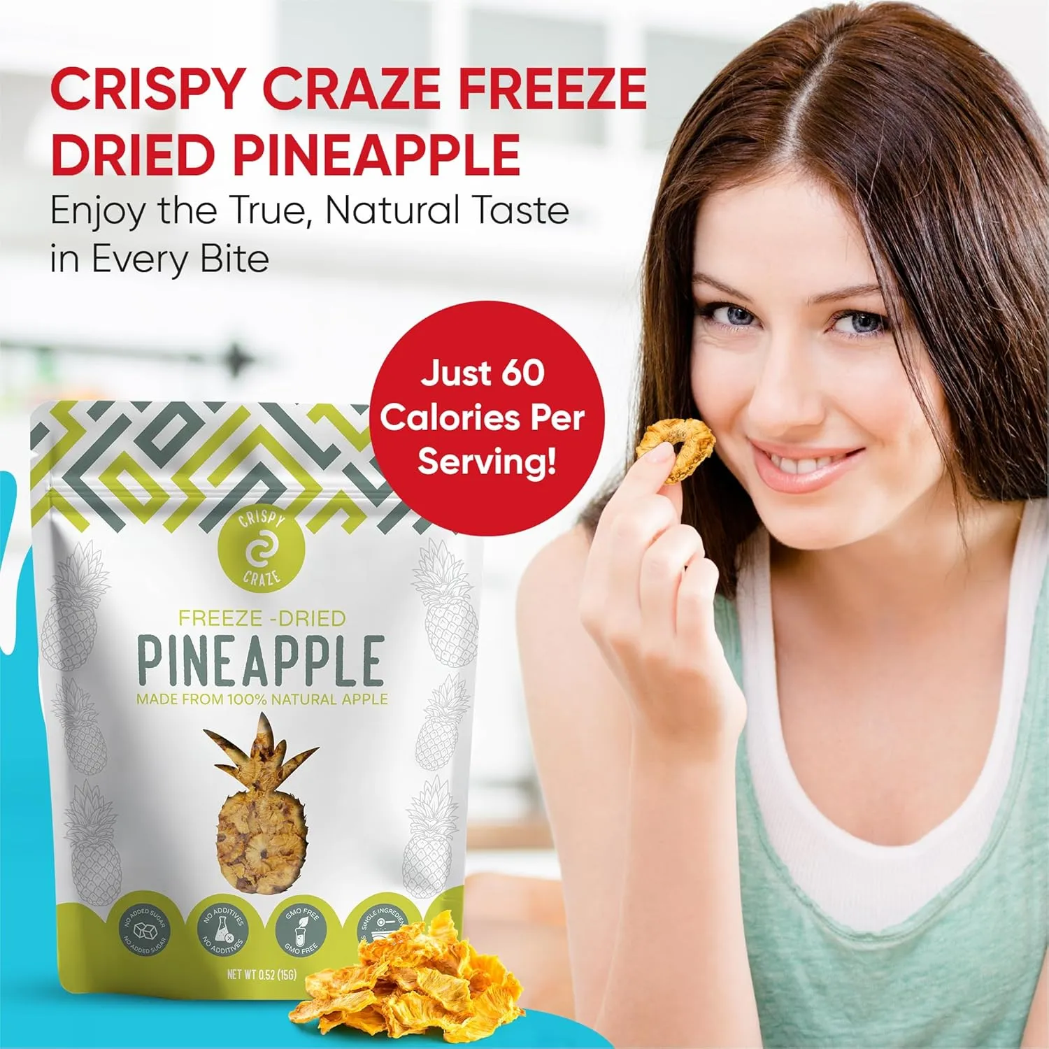 Crispy Craze Freeze Dried Pineapple (12 Snack Sized Bags, 0.52 oz Each), Pineapple Fruit Crisps, Non GMO, Healthy Snack, No Added Sugar & Additives, 100% Natural, Allergen Free, School Safe