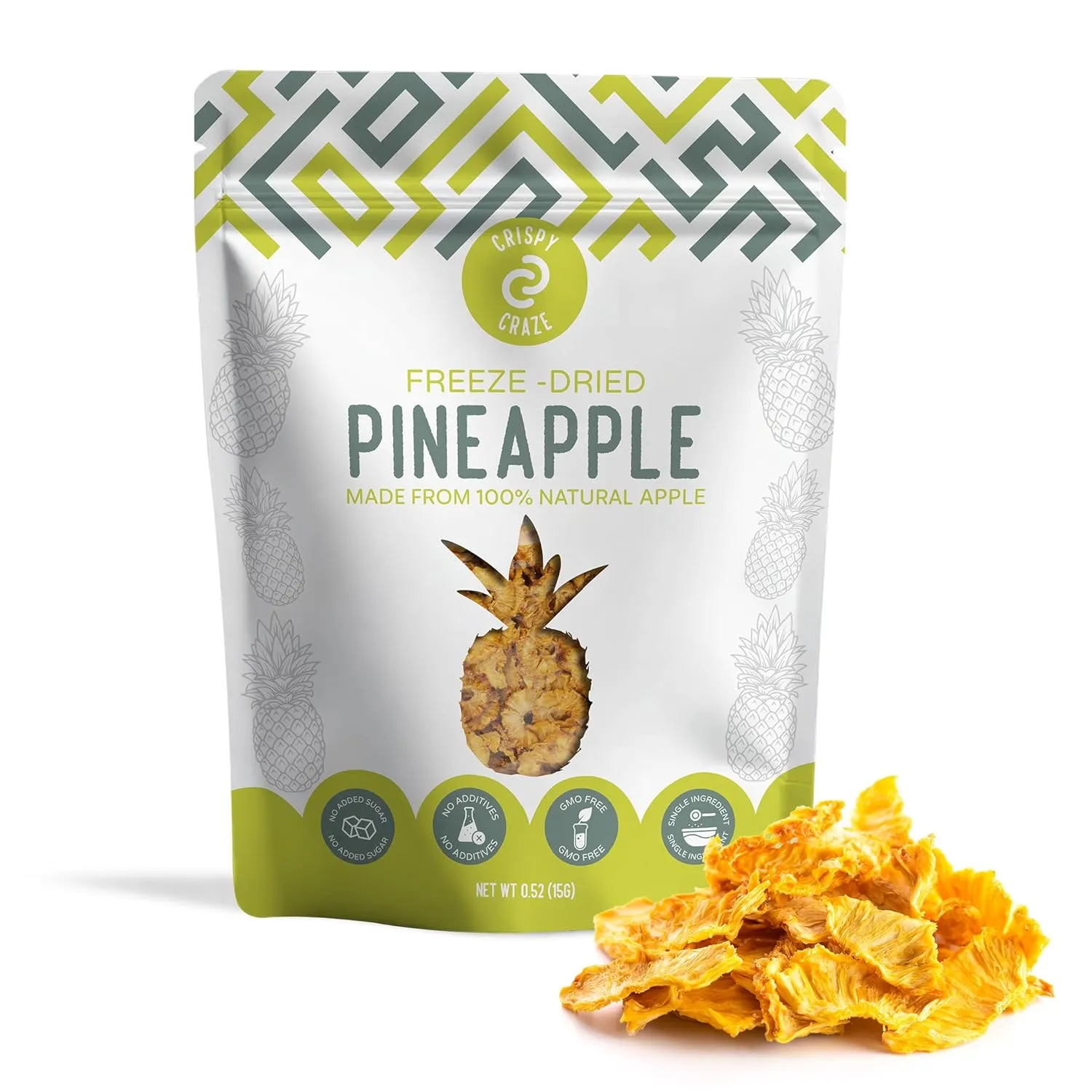 Crispy Craze Freeze Dried Pineapple (12 Snack Sized Bags, 0.52 oz Each), Pineapple Fruit Crisps, Non GMO, Healthy Snack, No Added Sugar & Additives, 100% Natural, Allergen Free, School Safe