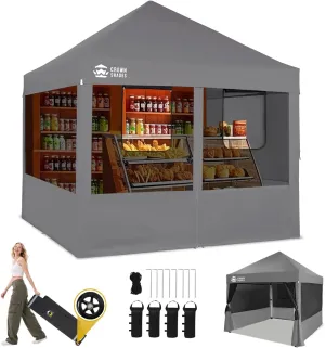 CROWN SHADES 10x10 Pop Up Canopy with 4 Food Booth Sidewall Kit, Instant Commercial Canopy Tent with 1-Person Setup 8-Way Centerlock, 400D Silver Coated Fabric, Sto'N Go Bag, 4 Weight Bags, Grey