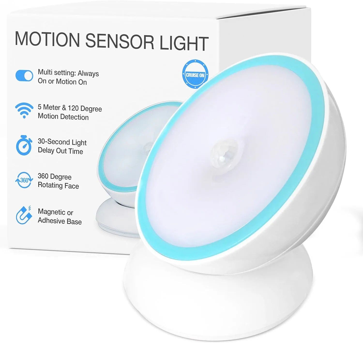 Cruise On Motion-Activated Battery LED Light with Magnetic Base, 360° Rotating Night Lamp for Closets, Bathrooms, Hallways & Cabinets, Wireless, Easy Install, Auto Sensor for Hands-Free Illumination