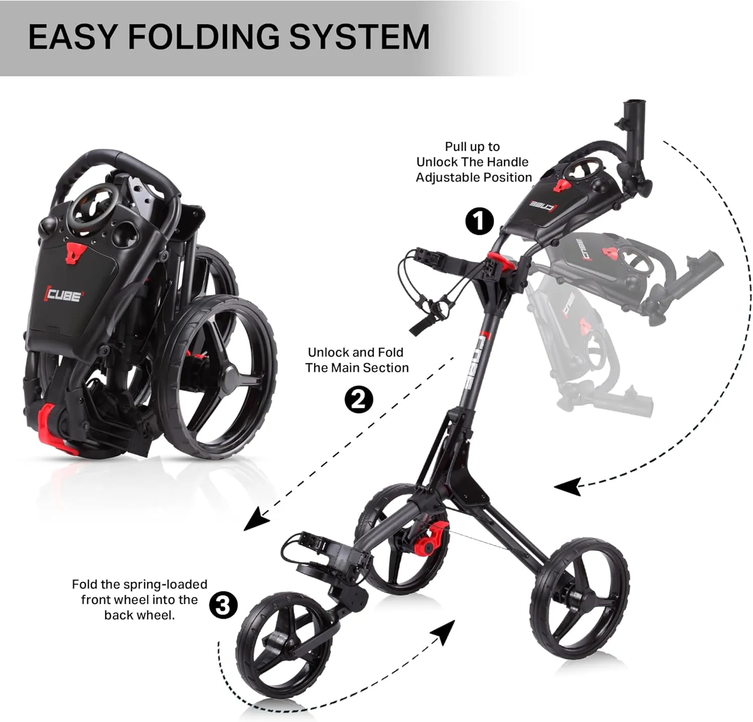 CUBE CART 3 Wheel Push Pull Golf CART - Two Step Open/Close - Smallest Folding Lightweight Golf CART in The World - Choose Color!