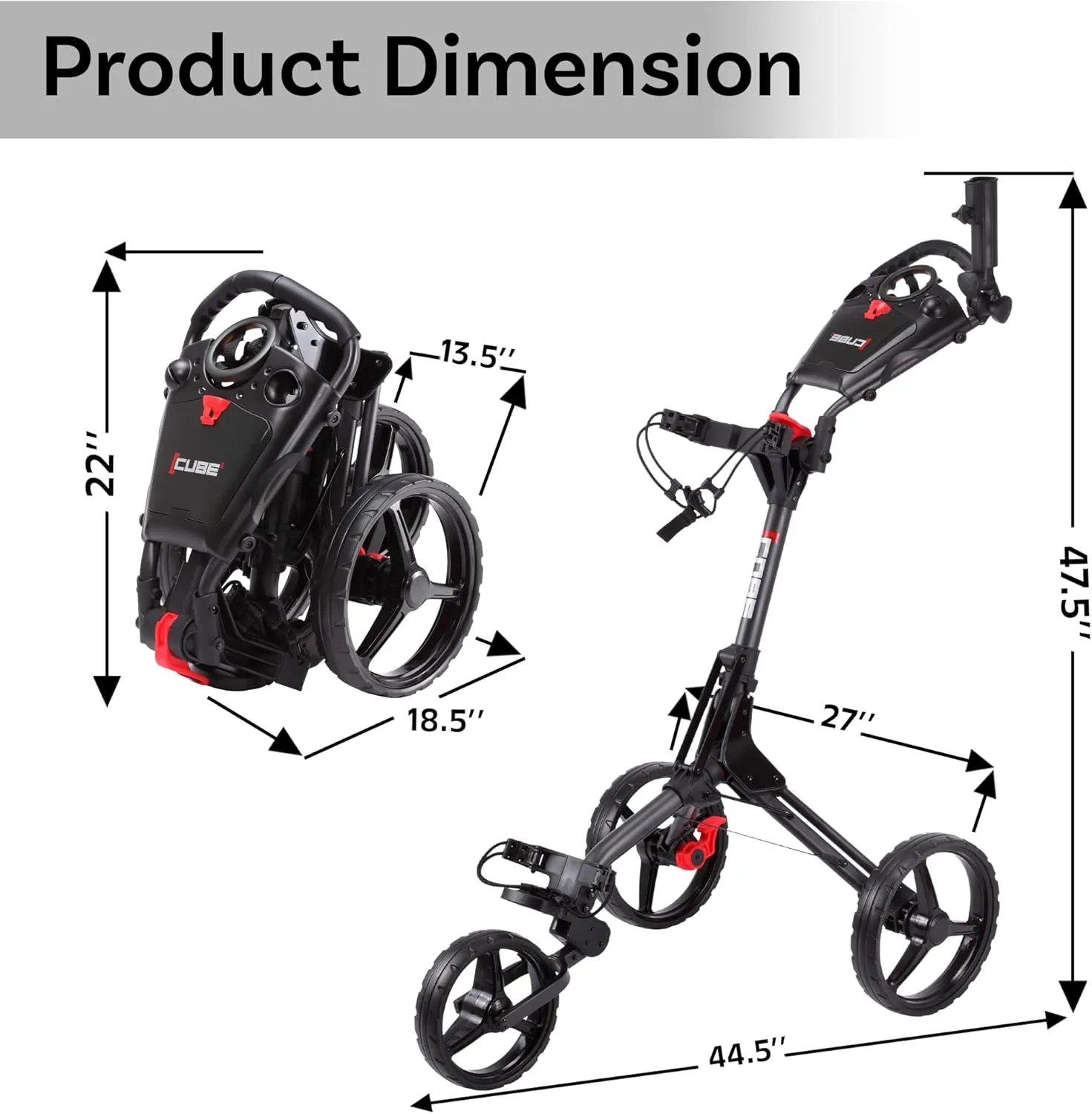 CUBE CART 3 Wheel Push Pull Golf CART - Two Step Open/Close - Smallest Folding Lightweight Golf CART in The World - Choose Color!