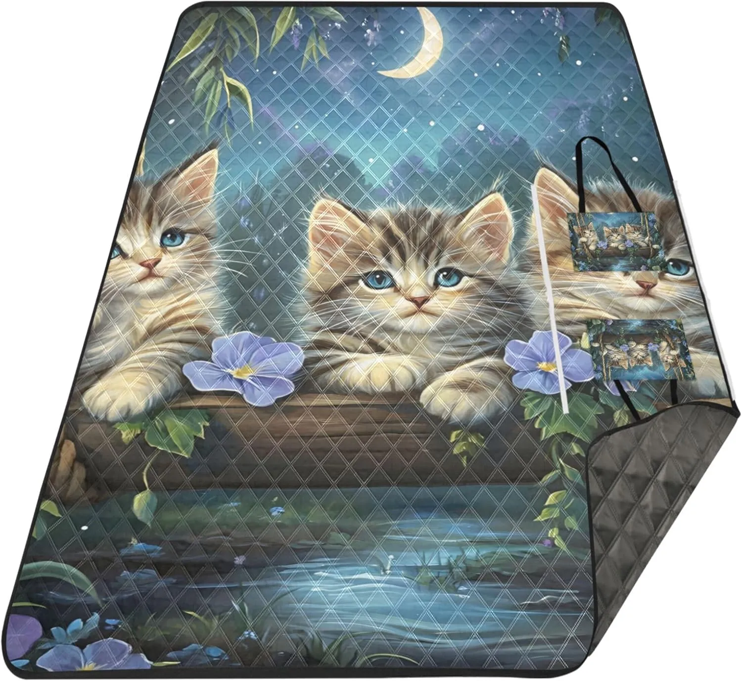 Cute Cat Painting Kittens Floral Beach Mat Waterproof Sandproof Cute Picnic Mat Foldable Floral Outdoor Camping Mat 80" x 60"