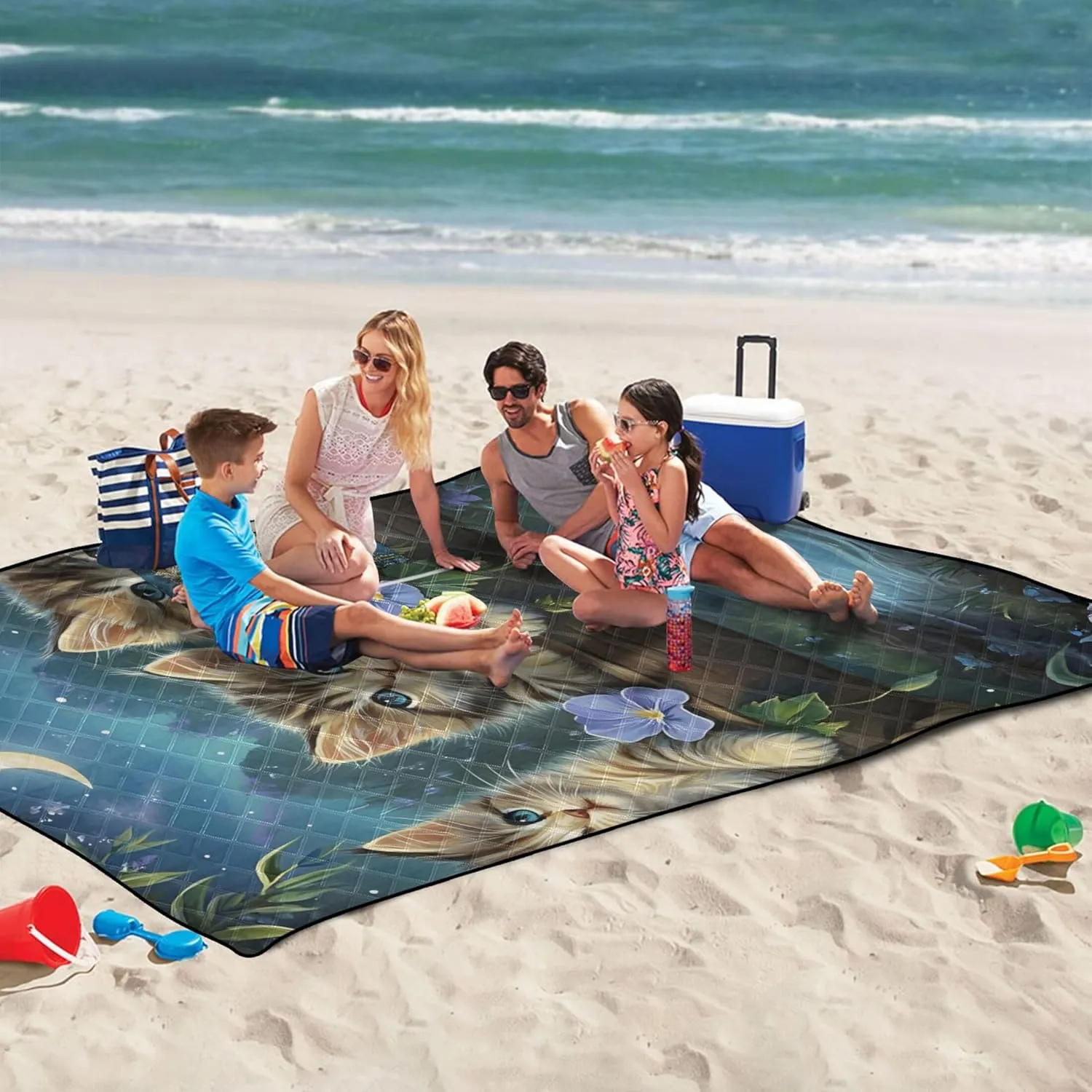 Cute Cat Painting Kittens Floral Beach Mat Waterproof Sandproof Cute Picnic Mat Foldable Floral Outdoor Camping Mat 80" x 60"