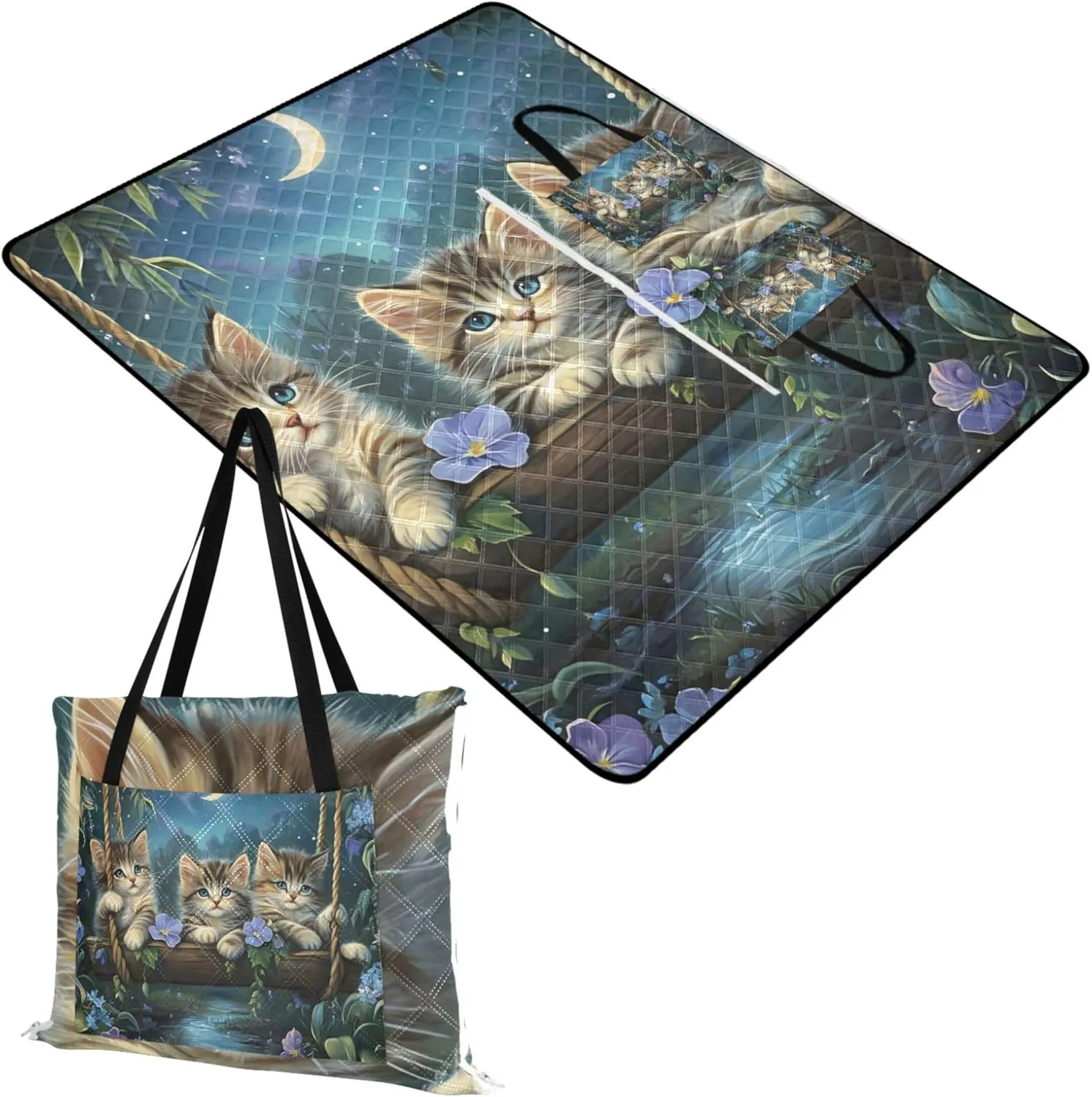 Cute Cat Painting Kittens Floral Beach Mat Waterproof Sandproof Cute Picnic Mat Foldable Floral Outdoor Camping Mat 80" x 60"