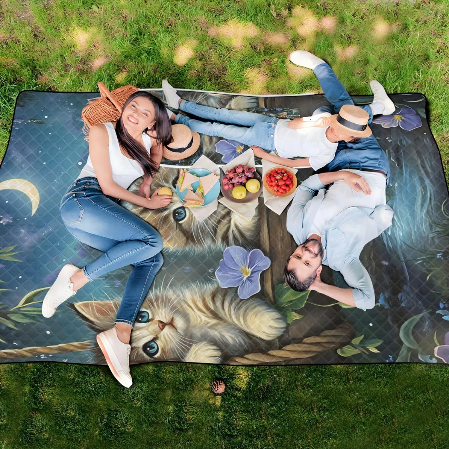Cute Cat Painting Kittens Floral Beach Mat Waterproof Sandproof Cute Picnic Mat Foldable Floral Outdoor Camping Mat 80" x 60"