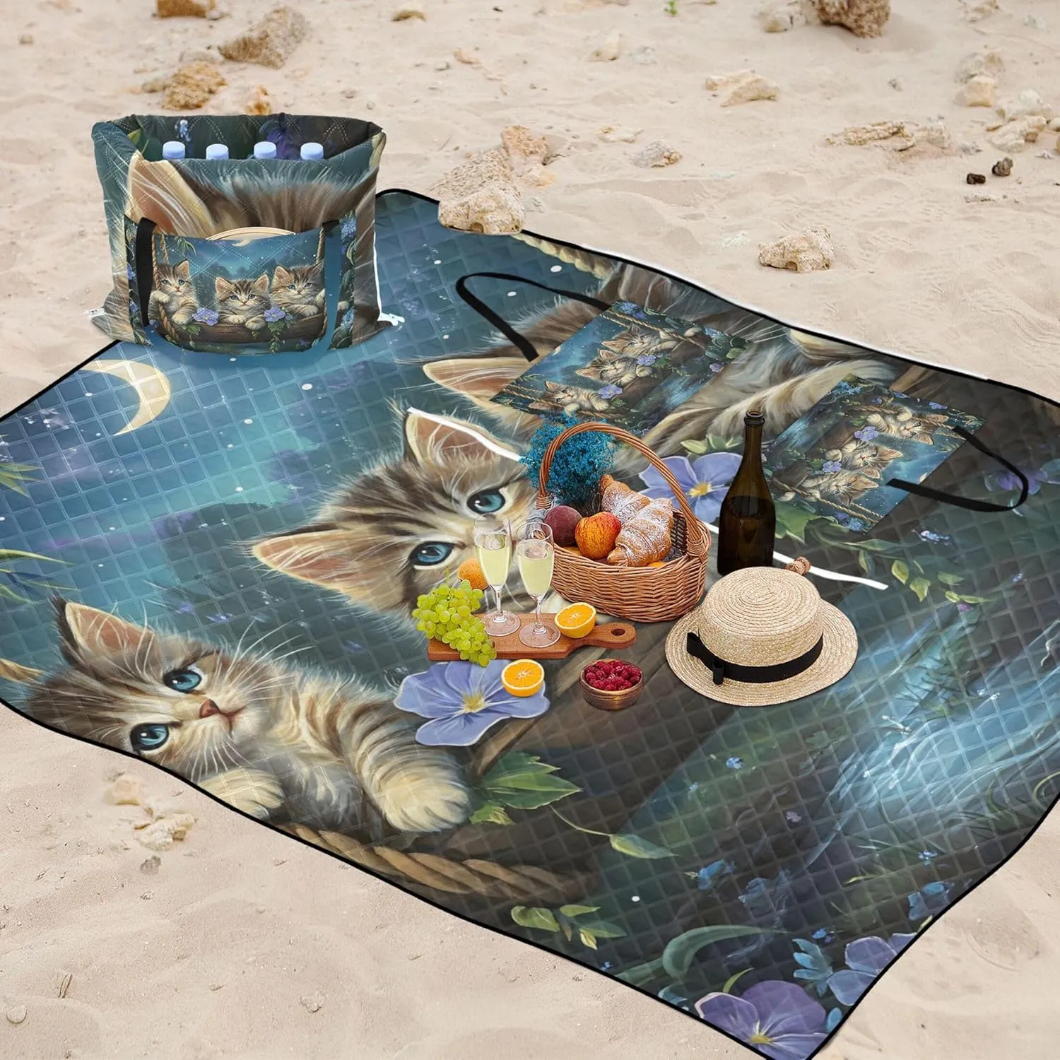 Cute Cat Painting Kittens Floral Beach Mat Waterproof Sandproof Cute Picnic Mat Foldable Floral Outdoor Camping Mat 80" x 60"