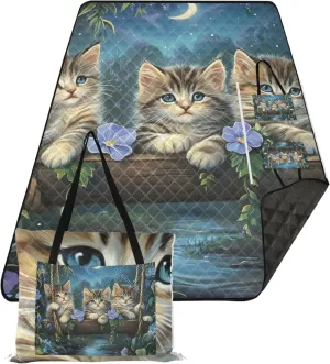Cute Cat Painting Kittens Floral Beach Mat Waterproof Sandproof Cute Picnic Mat Foldable Floral Outdoor Camping Mat 80" x 60"