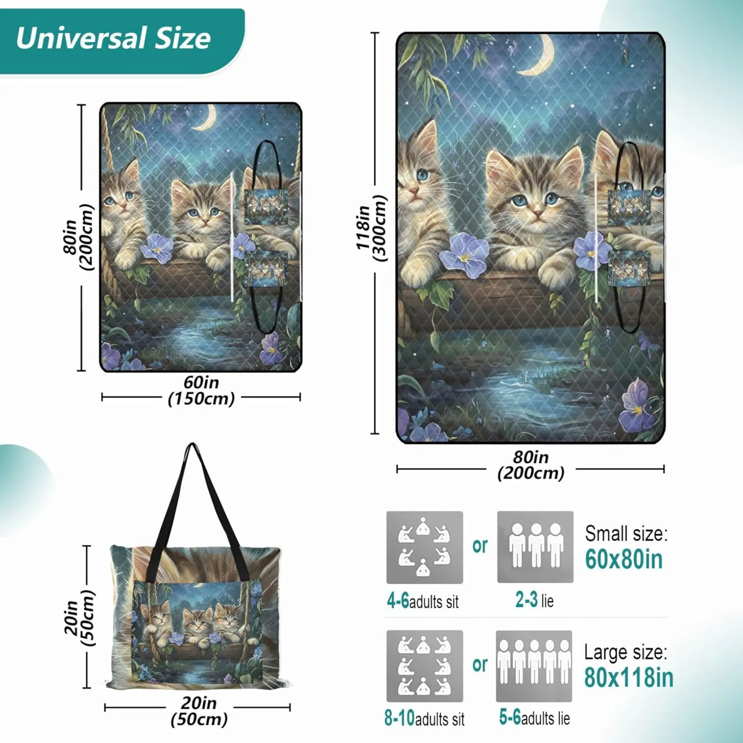 Cute Cat Painting Kittens Floral Beach Mat Waterproof Sandproof Cute Picnic Mat Foldable Floral Outdoor Camping Mat 80" x 60"