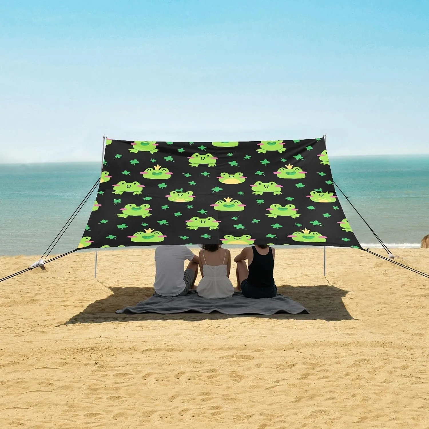 Cute Frog Pattern Beach Camping Tent Sun Shelter for Whole Family, Beach Shade Canopy with UPF50  UV Protection,Easy Set Up and Carry,Outdoor Shade for Trips, Fishing, Backyard Fun Picnics