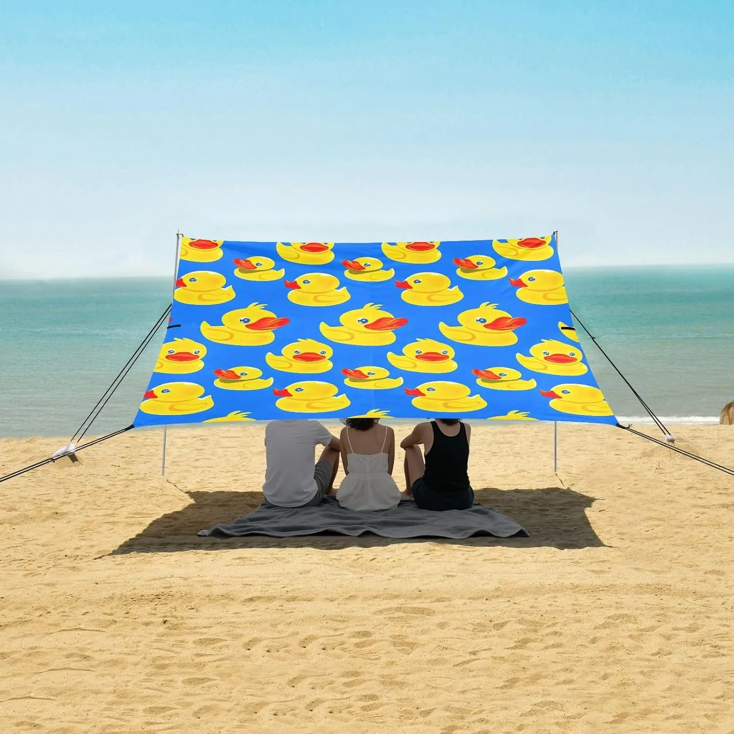 Cute Yellow Ducks Print Blue Beach Canopy Tent Outdoor Patio Sun Shade Decorative Portable Camping Shelter 9.2 × 10.5 FT Sunshade with Sand Anchor Poles