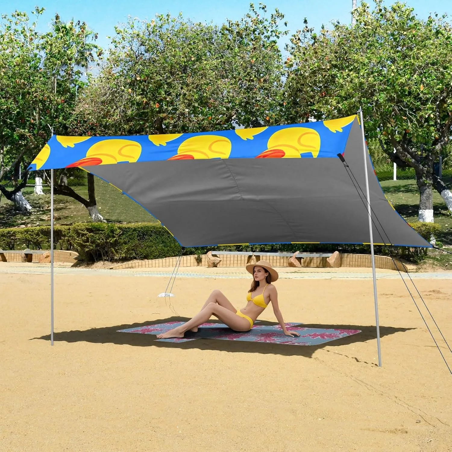 Cute Yellow Ducks Print Blue Beach Canopy Tent Outdoor Patio Sun Shade Decorative Portable Camping Shelter 9.2 × 10.5 FT Sunshade with Sand Anchor Poles