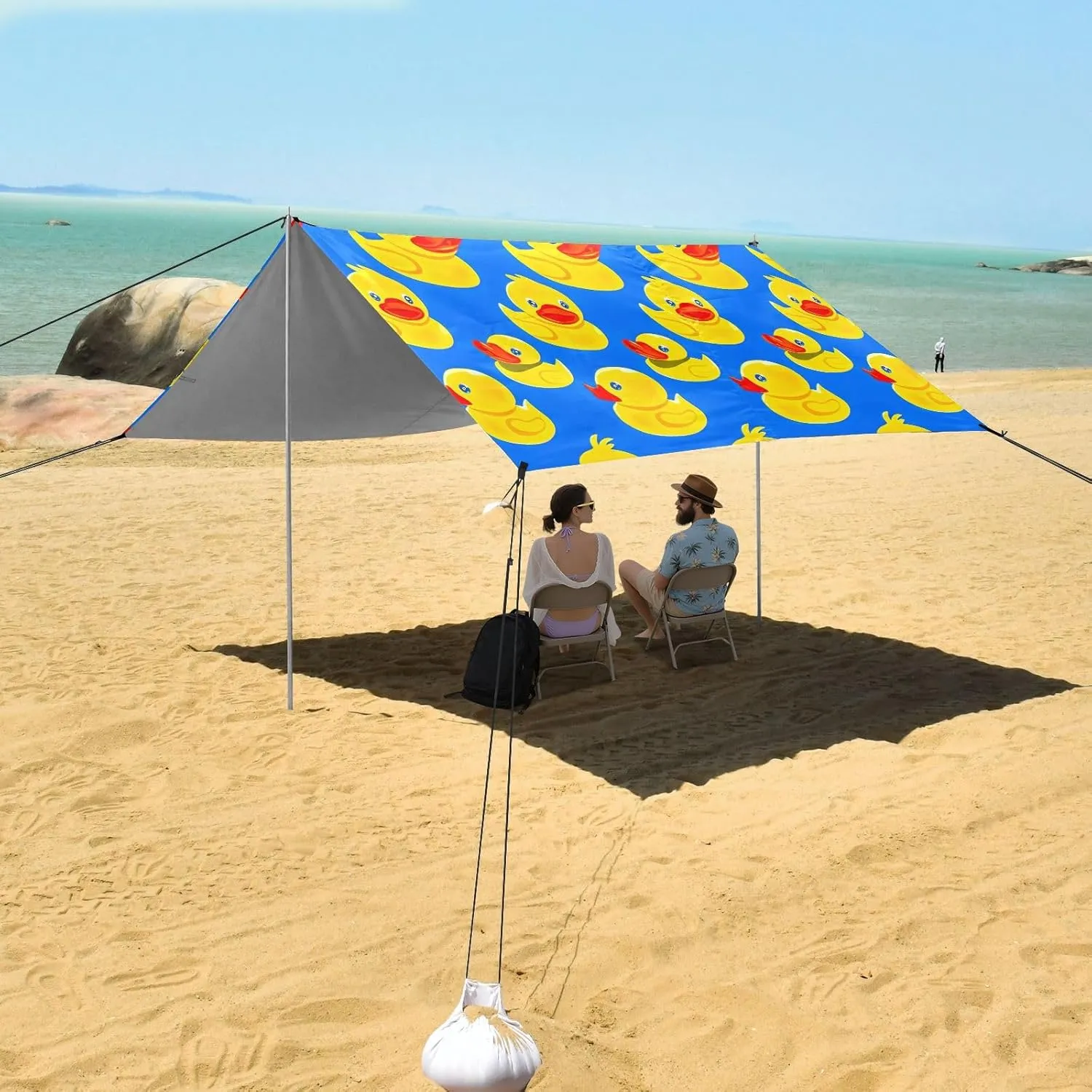 Cute Yellow Ducks Print Blue Beach Canopy Tent Outdoor Patio Sun Shade Decorative Portable Camping Shelter 9.2 × 10.5 FT Sunshade with Sand Anchor Poles